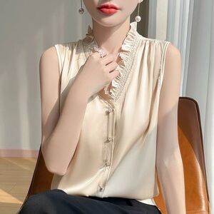 Sleeveless Satin V-Neck Blouse Ruffled Tank Top for Summer Casual Workwear